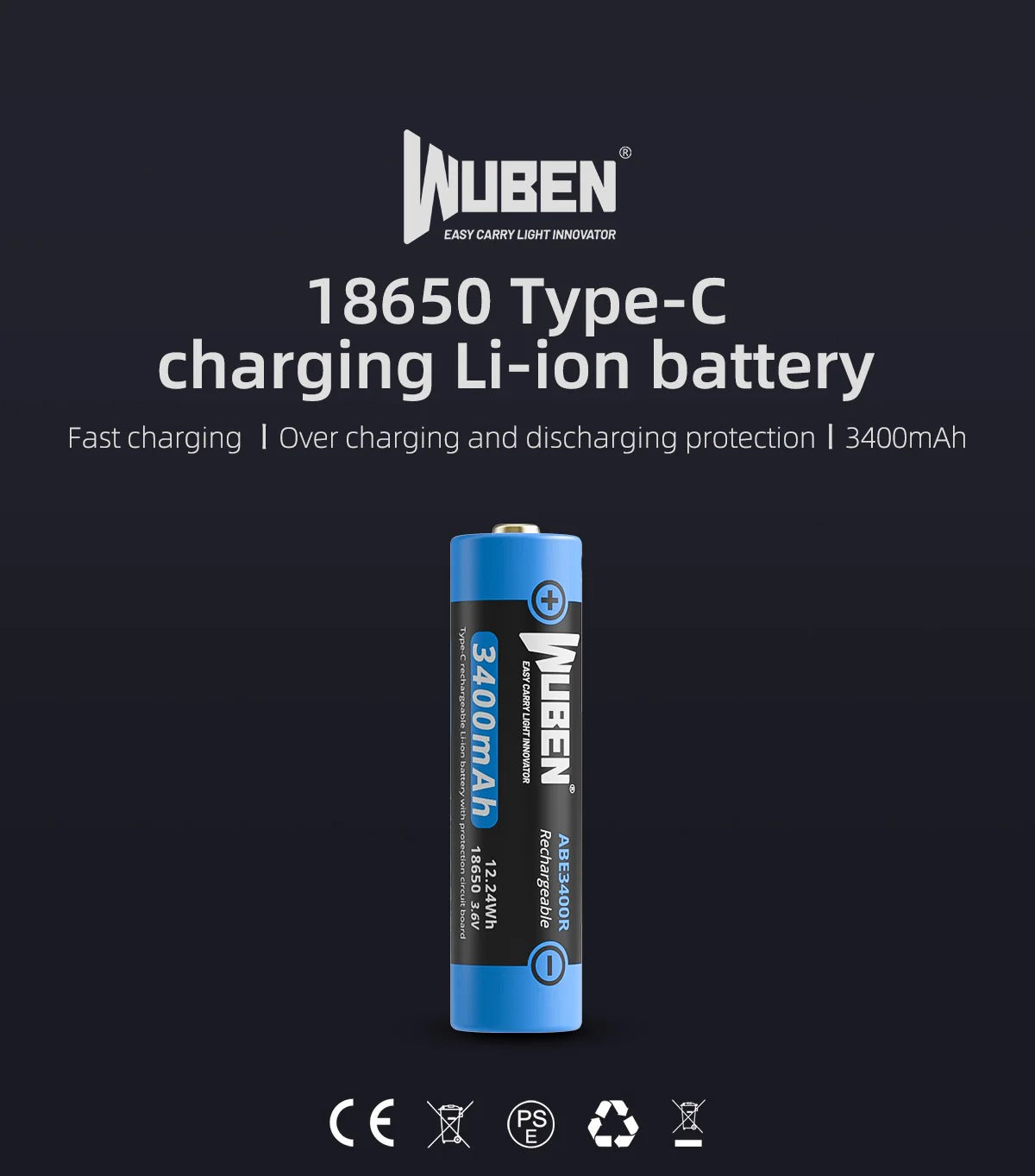 Batería recargable ABE3400 tipo C 18650 - 3400 mAh