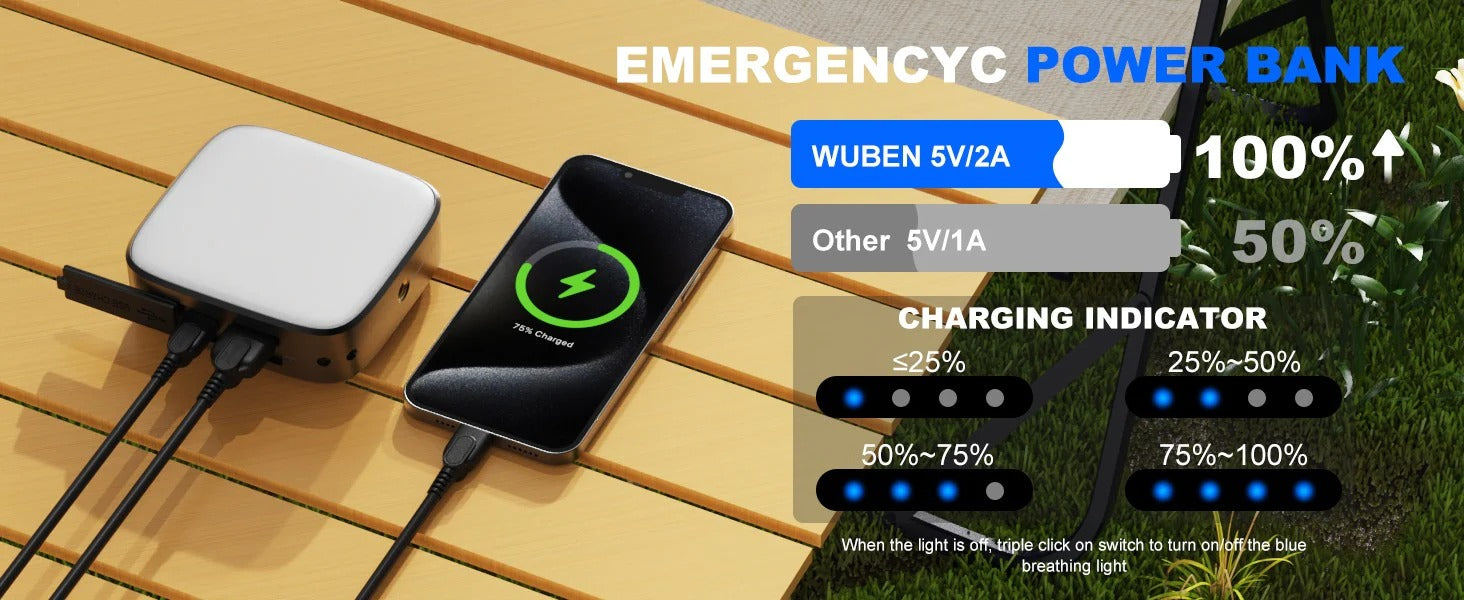 Batería externa recargable WUBEN F5 para camping y tiendas de campaña con luz LED