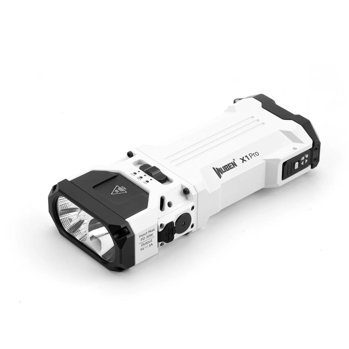 Linterna EDC recargable Wuben X1Pro de 12300 lúmenes con batería externa y clip.