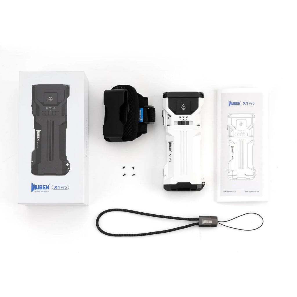 Linterna EDC recargable Wuben X1Pro de 12300 lúmenes con batería externa y clip.