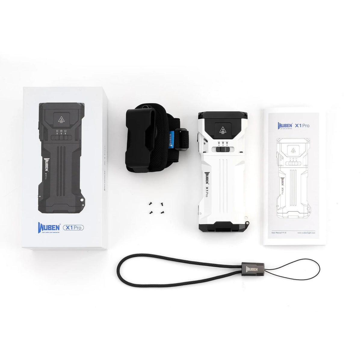 Linterna EDC recargable Wuben X1Pro de 12300 lúmenes con batería externa y clip.